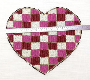 Checkered Heart Beaded <b>Placemat</b> Handmade Valentine Table Mat <b>Pink</b> Red Dining Decor Romantic Charger Plate - Product Image 5