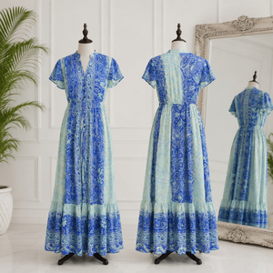 Vestido Maxi de Seda de Alta Calidad, Talla Única, Azul, Estampado Digital Étnico Vintage Paisley, Estilo Ibiza, Bohemio, Cintura Natural - Product Image 3