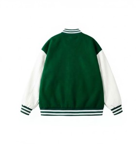 เสื้อแจ็คเก็ตวาร์ซิตี้สีเขียวป่าสำหรับผู้ชาย แขนเสื้อสีขาว แต่งแถบผ้าริบถัก แบบเบสบอล บอมเบอร์ ผู้ผลิตขายส่ง รับผลิตแบบ OEM - Product Image 2