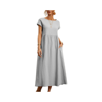 Frauen Vintage Solid Kleid Sommer Elegant O-Ausschnitt Kurzarm Baumwolle Leinen Kleider Weiblich Lässig Lose Sommerkleid Langes Kleid