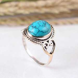 Bijou de mariage ethnique bohème en argent sterling 925, serti d'une pierre précieuse turquoise bleue ovale, style antique fait main, vintage - Product Image 4
