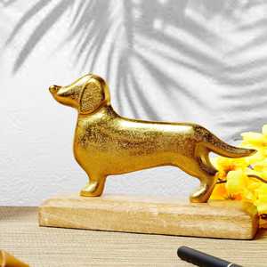 Golden Dachshund Sculpture On Wooden Base Handmade Modern Animal Figure Tabletop <b>Decor</b> Living Room Ornament 1PC - Product Image 5