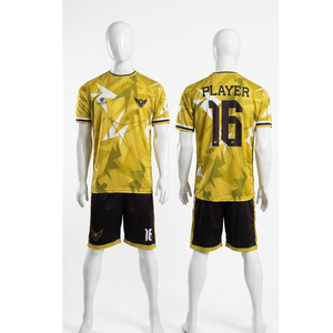 Ensemble de maillot de football pour homme, imprimé géométrique jaune, manches courtes, séchage rapide, coupe athlétique, design sublimé, numéro de joueur 16 - Product Image 1