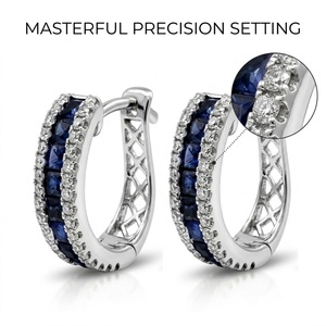 Boucles d'oreilles Huggie Princesse Saphir Diamant en Or Blanc 18K, Sertissage Multi-Rangées, Bijoux de Mariage Haut de Gamme, Service OEM ODM - Product Image 2