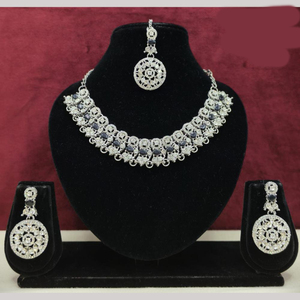 Silver Plated CZ Black Stone Necklace Set Indian Traditional Bridal <b>Jewellery</b> Set with Earrings & Maang <b>Tikka</b> - Product Image 1