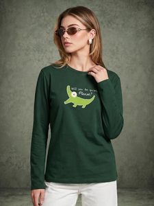 T-shirt vert à manches longues pour femme avec imprimé crocodile, col rond décontracté, motif dessin animé, 100 % coton, coupe classique - Product Image 2