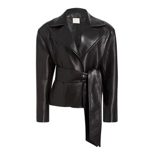 <b>Women's</b> Genuine Leather Wrap <b>Jacket</b> With Belt And Spread Collar <b>Short</b> Length Full <b>Sleeve</b> Autumn Style - Product Image 1