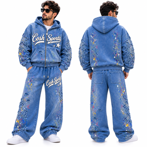 Conjunto de chándal para hombre personalizado con lavado ácido, sudadera con capucha oversize con cremallera, pantalones de chándal de pierna ancha, apliques desgastados, estilo urbano, fabricante - Product Image 3