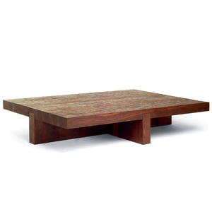 Table basse rectangulaire moderne en teck massif avec plateau texturé et base à piétement croisé - Product Image 1