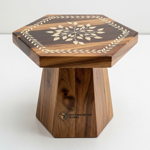 Industrial Style MDF & Solid Wood Accent <b>Stool</b> Hexagon Inlay End <b>Table</b> Sustainable Handmade Bedroom Entry Furniture - Product Image 1