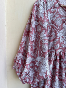 เดรสแม็กซี่ลำลองพิมพ์ลายด้วยมือ ผ้าฝ้ายอินเดีย คอกลม แขนทรงบอลลูน ปักลายดอกไม้ เดรสยาว - Product Image 2