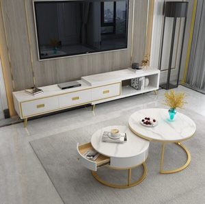 Modern Convertible Living <b>Room</b> <b>White</b> Glass Coffee <b>Table</b> with Gold Storage - Product Image 1