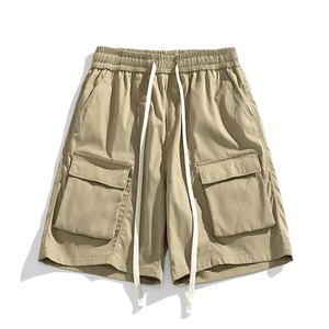 Shorts cargo pour homme, taille mi-haute, cordon de serrage, couleur unie, toile, décontracté, respirant, avec poches, longueur Bermuda, 100% coton - Product Image 1