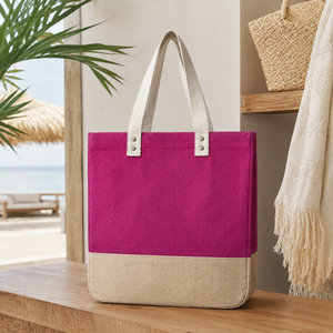 Sac fourre-tout de plage en jute laminé bicolore avec logo personnalisé, 37x40x18cm, réutilisable, avec poignées en coton, vente en gros, fabricant - Product Image 3