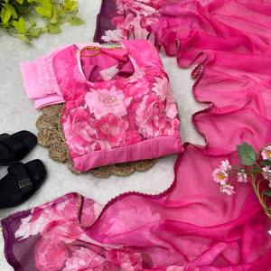 VASTRA COTTAGE Conjunto de Vestido de Organza y Seda con Estampado Digital para Mujer, con Pantalón de Choli con Volantes Completos y Detalles de Cinta, y Dupatta - Product Image 1