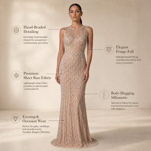 Robe de soirée sirène luxueuse en perles couleur nude |   Robe de soirée longue sans manches ornée de détails |   Fournisseur en gros de marques privées OEM en Inde - Product Image 3
