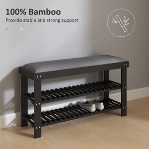 Panca Portascarpe Moderna a 3 Ripiani in Bambù con Cuscino e Design Regolabile per Ingresso e Corridoio - Nera - Product Image 6