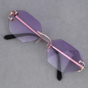 Lunettes de soleil rectangulaires sans monture, verres dégradés, monture or rose, accents en cristal, unisexe, protection solaire pour adultes, anti-reflets - Product Image 3