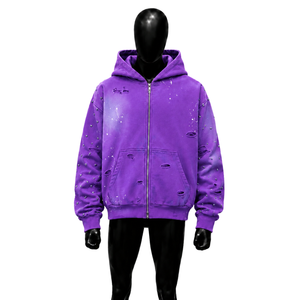 Sudadera con capucha de alta calidad 100% vintage morada con cremallera para hombre, estilo urbano, de poliéster tejido con diseño estampado desgastado, estilos de otoño - Product Image 1