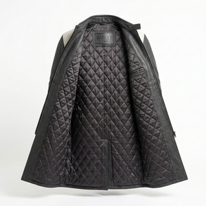 Abrigo de Cuero Genuino Personalizado para Hombre, Gabardina Larga Estilo Biker con Paneles Grises, Blanco en el Pecho y Amarillos en la Cintura, Hecho a Medida en Fábrica - Product Image 5