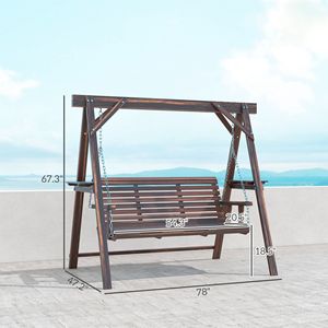 Balançoire de véranda en bois 3 places avec support et tables latérales, brun carbonisé, pour jardin, bord de piscine ou cour arrière - Product Image 3