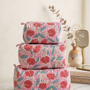 Bohemian Floral Cotton Cosmetic Bag Medium Zipper Closure Pink Blue Green Pattern Multi Function <b>Makeup</b> Organizer Toiletry bag - Product Image 2