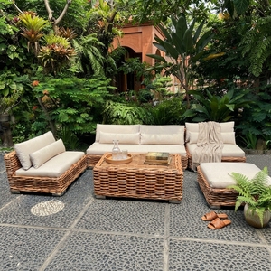Outdoor <b>Rattan</b> Woven Sectional <b>Sofa</b> Set Mahogany Wood Frame Wicker Furniture Glass Table Lounge Chair Ottoman Setup Art - Product Image 2