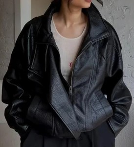 Veste de moto en cuir véritable pour femme, col montant, fermeture éclair, manches longues, noir uni, style motard, coupe-vent d'automne - Product Image 1