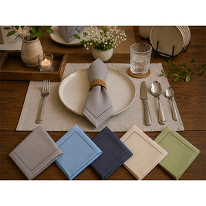 Serviette de table en lin mélangé de luxe à ourlet festonné, réutilisable, pour mariage et table de dîner - Product Image 1
