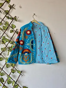 Luxury Sky Blue <b>Velvet</b> Suzani Embroidered <b>Jacket</b> With Floral Pattern Full Sleeve Stand Collar Bohemian <b>Women's</b> Warm wear - Product Image 1