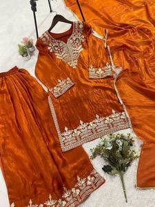 TENNECY Women's Orange Silk Salwar Kameez Embroidery Wedding Wear Traditional Indian Pakistani Outfit <b>Ankle</b>-Length Regular Fit - Product Image 1