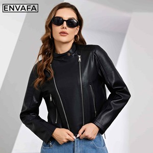 Chaqueta Corta Negra de Cuero Sintético Tejido para Mujer, Estilo Motero, Impermeable, Resistente al Viento, Ropa Exterior Informal para Primavera y Otoño - Product Image 5