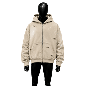 Sudadera con capucha beige extragrande para hombre, exclusiva de invierno, con detalles de cristales de imitación, bolsillos desgastados, estilo streetwear, 100% algodón - Product Image 1
