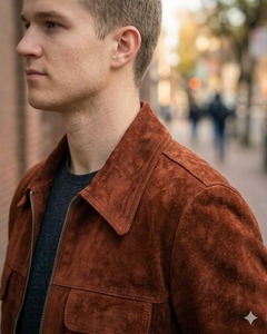 <b>Men</b>’s Classic Brown <b>Suede</b> Trucker <b>Jacket</b> Vintage Western Shirt Collar Leather Coat - Product Image 5