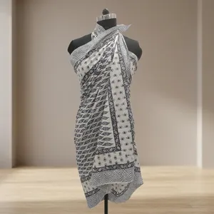 Black White Hand Block Printed Cotton Sarong Scarf with Leaf Motif Border Lightweight Beach Wrap Stole for Women - Product Image 5