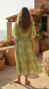 Robe kaftan en coton vert olive imprimée à la main avec cordon de serrage à la taille, idéale pour l'été - Product Image 6