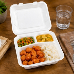 8 x 8 Inch Three Compartment Bagasse Clamshell Box Compostable Disposable Sugarcane Fiber Food <b>Container</b> for <b>Takeaway</b> Catering a - Product Image 5