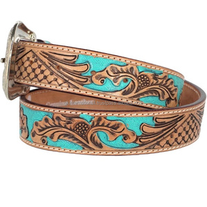 Men's Fashion Custom Western Leather <b>Tooling</b> <b>Belt</b> Floral Embossed Hand Carving and Painting Designer Brass Buckle Cowboy <b>Belt</b> - Product Image 5