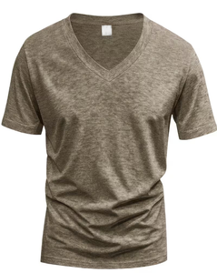 Men's Short Sleeve V Neck Solid Gray 100% Cotton Casual T-Shirt Regular Fit Breathable 180g Jersey Knitted Plain Dyed - Product Image 2