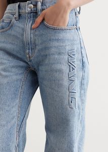 Jeans de Mezclilla Lavados con Efecto Desgastado, Corte Recto, Cintura Alta, Ligeros, con Logotipo Grabado en la Parte Delantera, Estilo Casual de Verano - Product Image 2