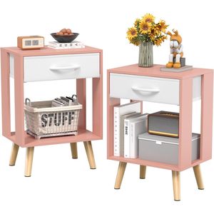 Set of 2 Open Wood Shelf Nightstands with Fabric <b>Storage</b> Drawer Pink Bedroom Side Tables with <b>Storage</b> <b>Bedside</b> Tables - Product Image 1