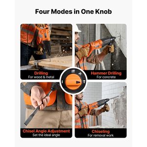 Trapano a percussione elettrico professionale con filo, SDS-Plus 1-1/8 pollici, 4 funzioni, inclusi 3 punte da trapano e scalpello piatto - Product Image 3