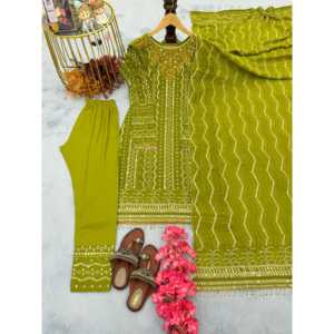 Ensemble de costume de soirée pour femmes de créateur avec haut et bas brodés et dupatta avec travail de séquence - Product Image 1