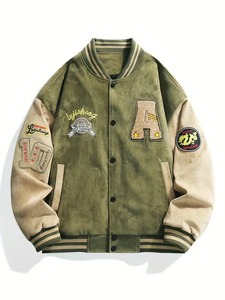 OEM Premium Quality 100% Cotton <b>Men's</b> Olive Green <b>Suede</b> Varsity <b>Jacket</b> Embroidered Letter A Patch Design Streetwear Regular Fit - Product Image 1