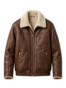 Blouson aviateur vintage en cuir véritable marron pour homme, doublure en sherpa, col rabattable, fermeture éclair - Product Image 1