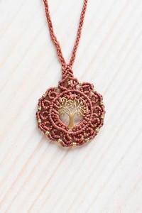 Handmade Macrame Tree Of Life Pendant Necklace Brown Cotton <b>Wax</b> Thread Ethnic Beaded Choker Unisex - Product Image 1