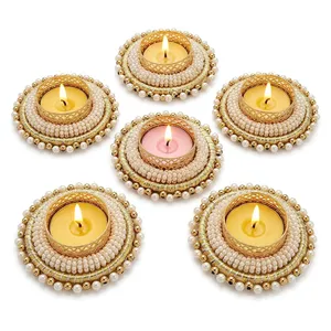 Handmade Round <b>Tea</b> <b>Light</b> Holder with Pearl and Gold Bead Embellishments Wall Mounted for Christmas and Easter Home Decoration - Product Image 6