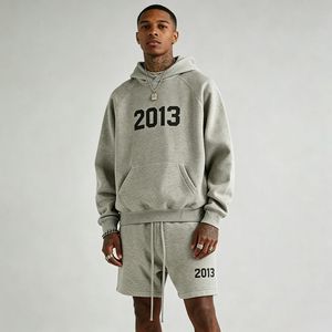 Conjunto de Sudadera con Capucha y Pantalones Cortos para Hombre 2013, Estampado de Letras, Algodón Gris, Estilo Urbano, Ajuste Holgado, Cordón Ajustable, Manga Larga, Ropa de Otoño - Product Image 1