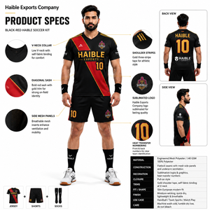 Maillot de handball personnalisé pour homme, séchage rapide, imprimé numériquement, col en V, coupe ajustée, noir et rouge, bande diagonale, poly-spandex extensible 200 GSM, pour équipe - Product Image 5