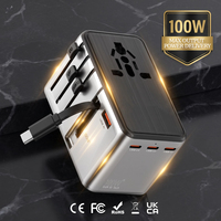 Adaptateur de voyage universel 100W GaN PD avec 4 ports USB-C, convertisseur de charge rapide UK/US/EU, prise secteur avec câble Type-C rétractable